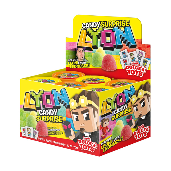 Box di 12 barattoli di caramelle Lyon con sorpresa novità - Colori